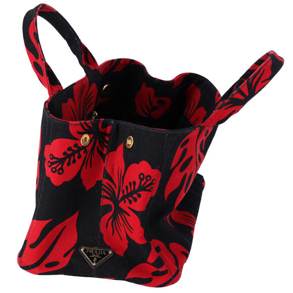PRADA Canapa Tote Bag Black Red Canvas Leaves Print - Picture 9 of 9
